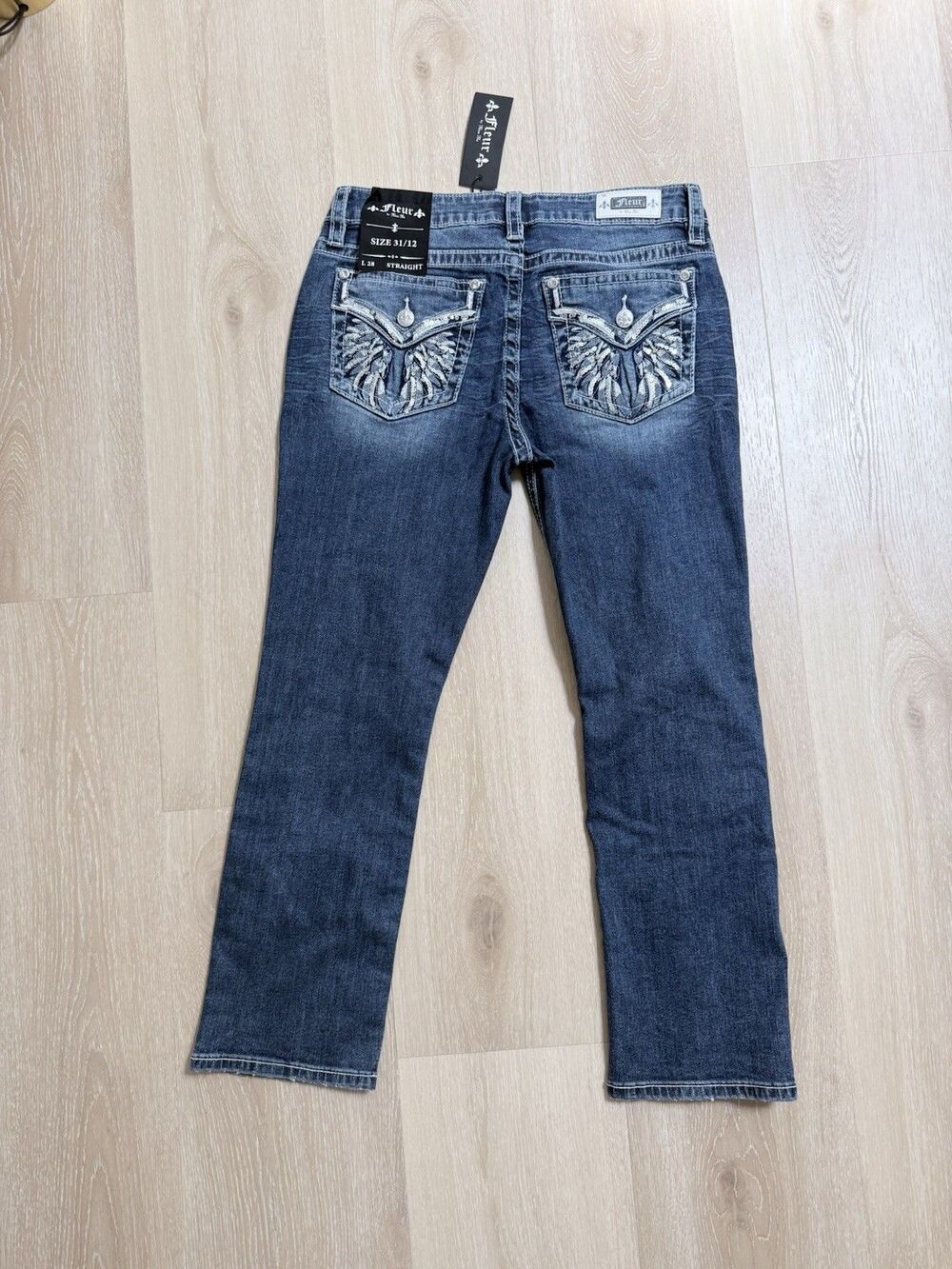 NWT Fleur by Miss Me Angel Wing Jeans Sz 12 31x28 Bling Rhinestone Western Y2K
